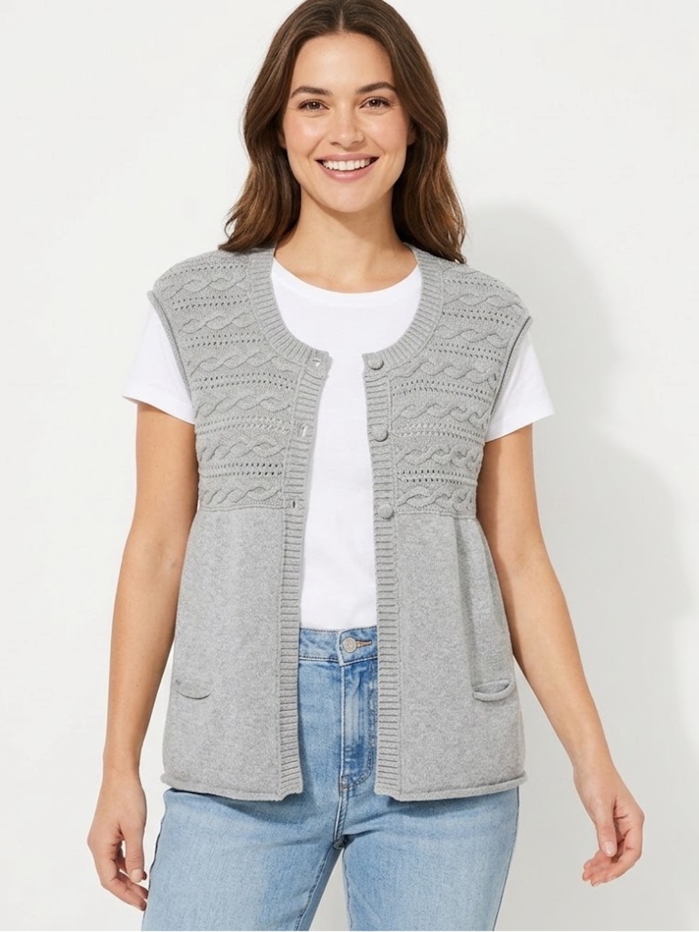 Nevada Grey Cable Knit Sweater Vest Grandma Academia Teacher Office Career M/XL